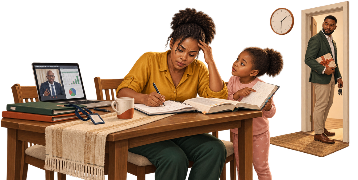 A student studying at the kitchen table while work calls on her laptop, her daughter asks for help with homework and her partner arrives with weekend plans.